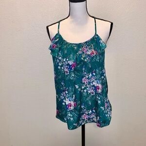 Ali & Kris green floral ruffle zip up racerback tank top